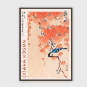Kohlmeise auf Paulownia-Zweig – Akustikbild mit Druck, 104 × 73 cm, dunkler Holzrahmen